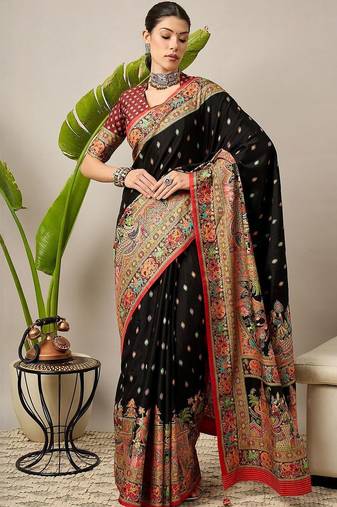 Black ethnic motifs printed banarasi saree with blouse piece