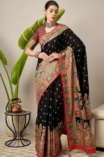 Black ethnic motifs printed banarasi saree with blouse piece