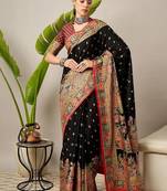 Black ethnic motifs printed banarasi saree with blouse piece