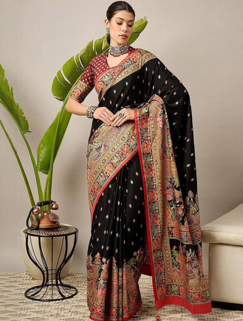 Black ethnic motifs printed banarasi saree with blouse piece