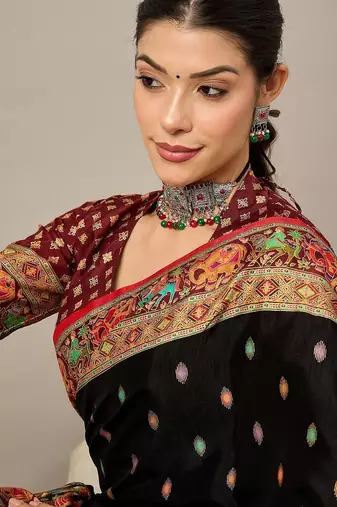 Black ethnic motifs printed banarasi saree with blouse piece