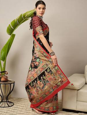 Black ethnic motifs printed banarasi saree with blouse piece 3