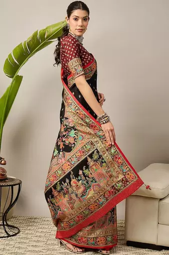 Black ethnic motifs printed banarasi saree with blouse piece