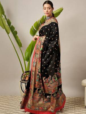 Black ethnic motifs printed banarasi saree with blouse piece 4