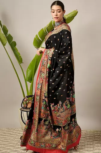 Black ethnic motifs printed banarasi saree with blouse piece