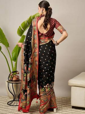Black ethnic motifs printed banarasi saree with blouse piece 5