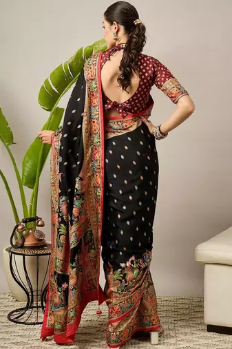 Black ethnic motifs printed banarasi saree with blouse piece
