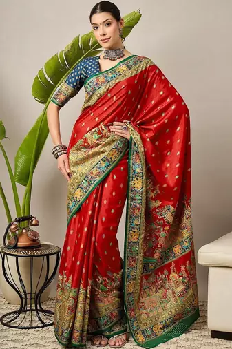 Red ethnic motifs printed embroidered banarasi saree