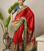 Red ethnic motifs printed embroidered banarasi saree