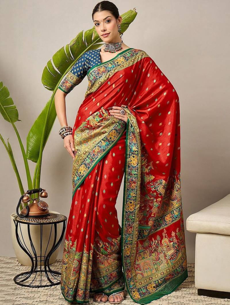 Red ethnic motifs printed embroidered banarasi saree