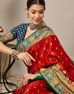 Red ethnic motifs printed embroidered banarasi saree 2