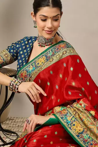 Red ethnic motifs printed embroidered banarasi saree