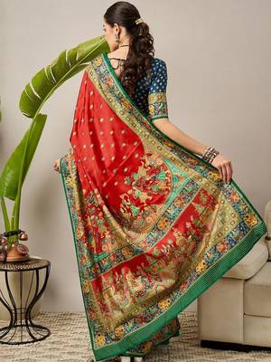 Red ethnic motifs printed embroidered banarasi saree 3