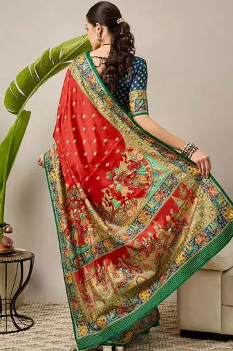 Red ethnic motifs printed embroidered banarasi saree