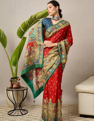 Red ethnic motifs printed embroidered banarasi saree 4