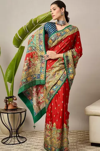 Red ethnic motifs printed embroidered banarasi saree
