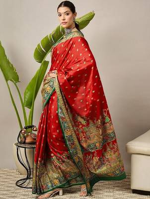 Red ethnic motifs printed embroidered banarasi saree 5