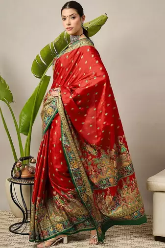 Red ethnic motifs printed embroidered banarasi saree