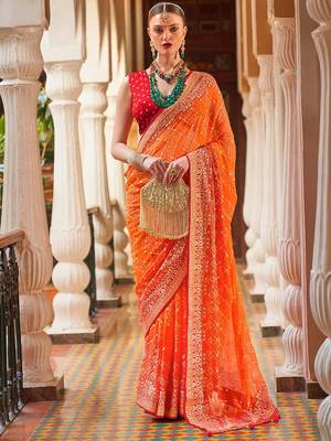 Orange orange & red bandhani beads and stones  georgette saree 1