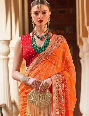 Orange orange & red bandhani beads and stones  georgette saree 2