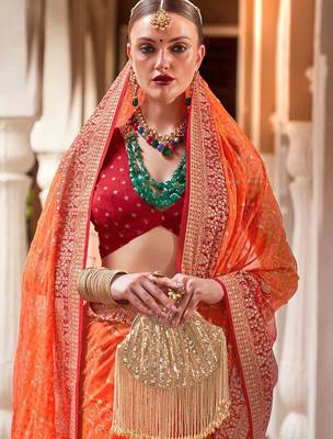 Orange orange & red bandhani beads and stones  georgette saree 3