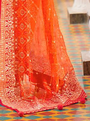 Orange orange & red bandhani beads and stones  georgette saree 4