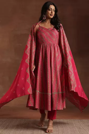 women ethnic motifs printed empire kurta with trousers & with dupatta