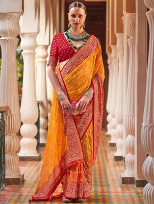 Yellow yellow & maroon bandhani  georgette saree 1