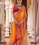 Yellow yellow & maroon bandhani  georgette saree