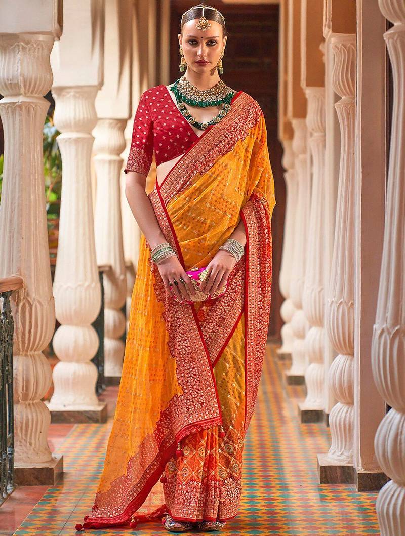 Yellow yellow & maroon bandhani  georgette saree