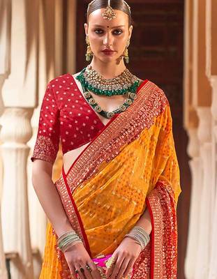 Yellow yellow & maroon bandhani  georgette saree 2