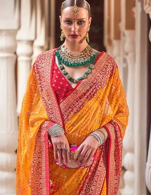 Yellow yellow & maroon bandhani  georgette saree 3