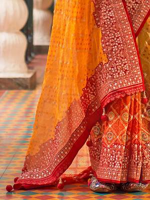 Yellow yellow & maroon bandhani  georgette saree 4