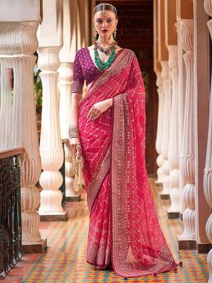 Pink pink & maroon bandhani beads and stones  georgette saree 1