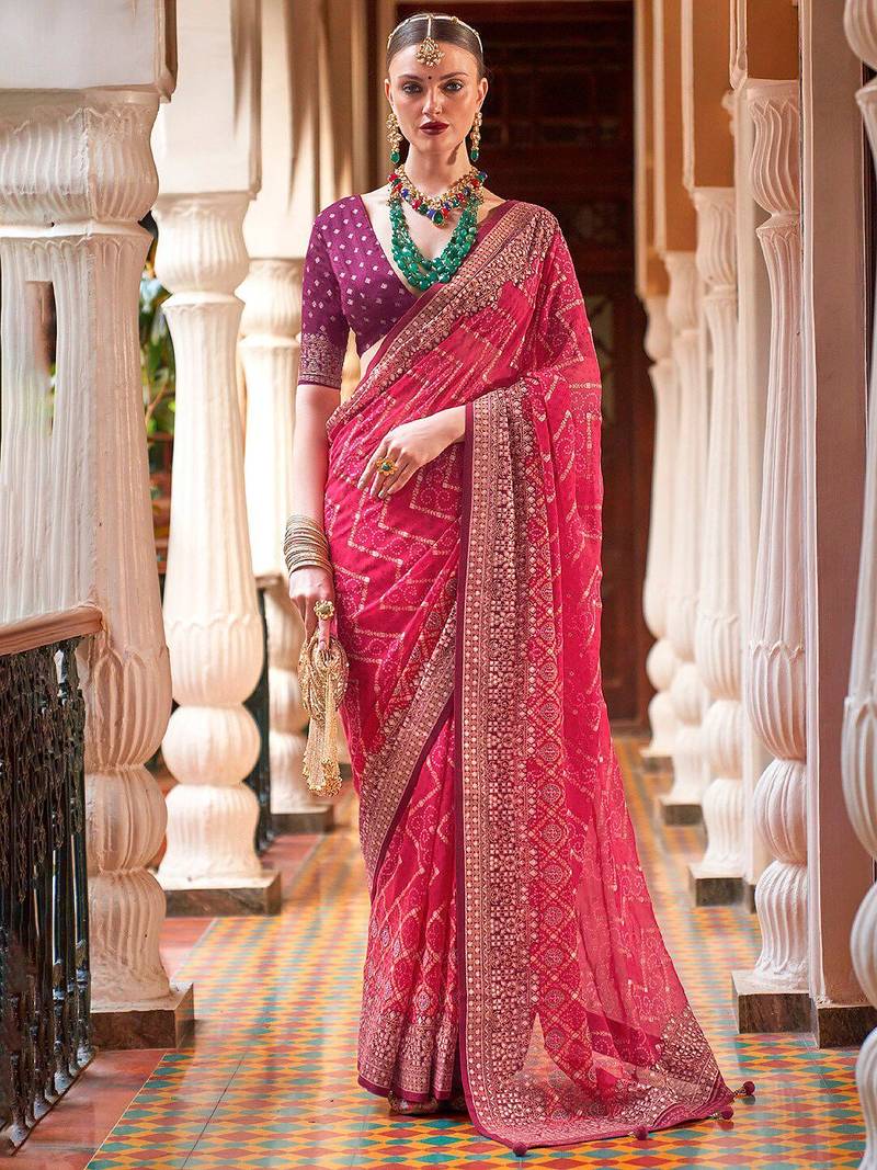 Pink pink & maroon bandhani beads and stones  georgette saree
