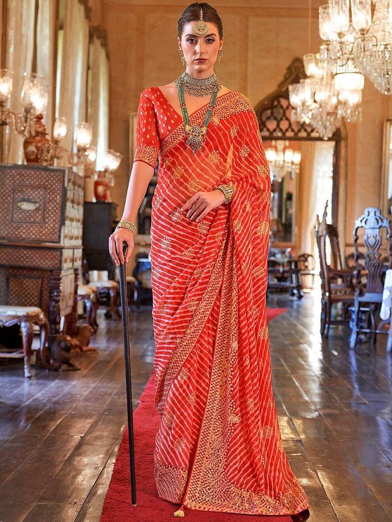 Red floral  georgette leheriya saree