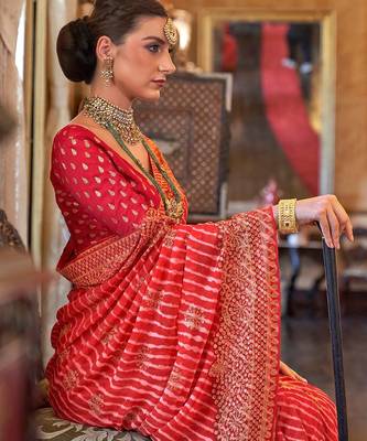 Red floral  georgette leheriya saree 3