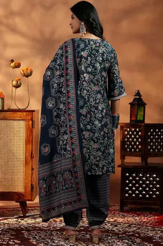 women floral printed regular thread work kurta with harem pants & with dupatta