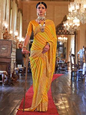 Yellow yellow & green printed embroidered  georgette leheriya saree 1