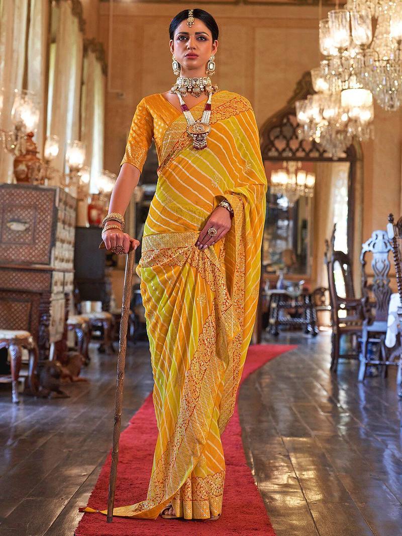 Yellow yellow & green printed embroidered  georgette leheriya saree