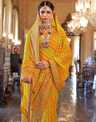 Yellow yellow & green printed embroidered  georgette leheriya saree 2