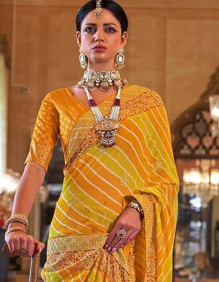 Yellow yellow & green printed embroidered  georgette leheriya saree 3
