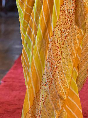 Yellow yellow & green printed embroidered  georgette leheriya saree 4