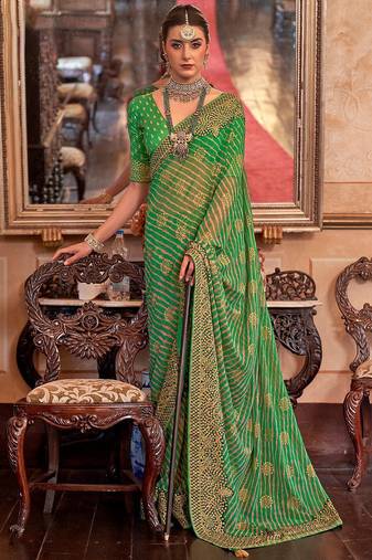 Green green & mustard leheriya sequinned  georgette leheriya saree