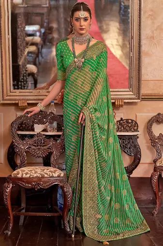 Green green & mustard leheriya sequinned  georgette leheriya saree