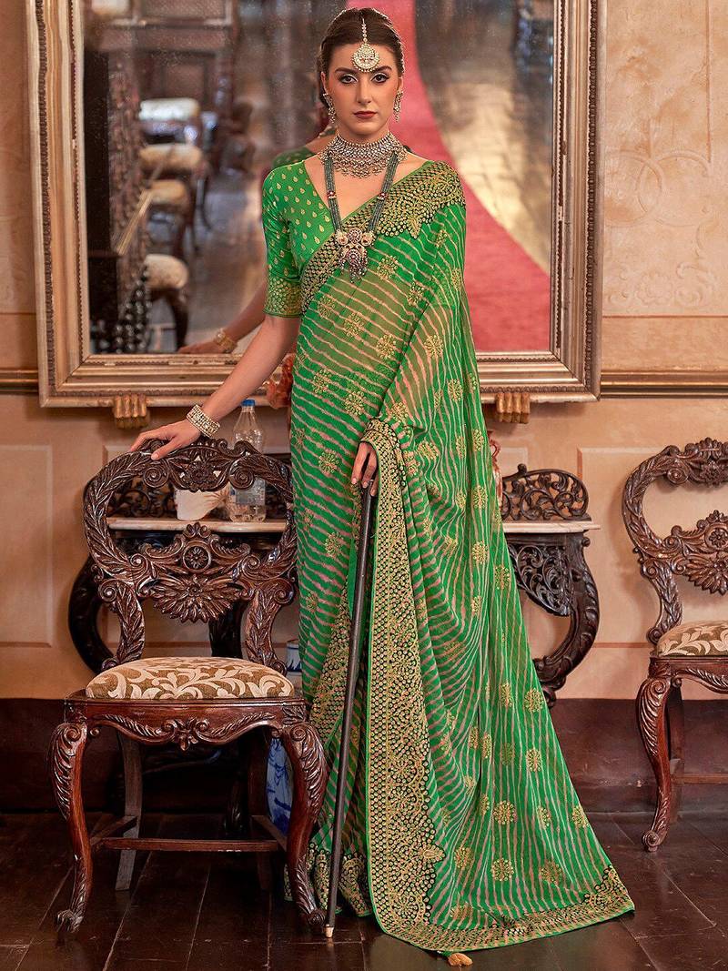 Green green & mustard leheriya sequinned  georgette leheriya saree