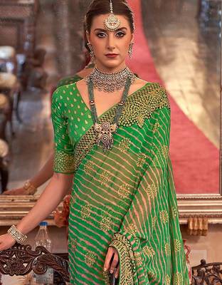 Green green & mustard leheriya sequinned  georgette leheriya saree 2