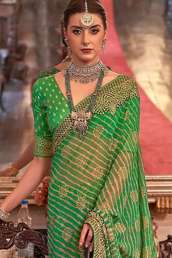 Green green & mustard leheriya sequinned  georgette leheriya saree
