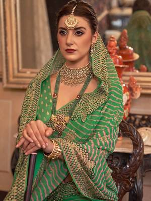 Green green & mustard leheriya sequinned  georgette leheriya saree 3