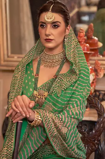 Green green & mustard leheriya sequinned  georgette leheriya saree